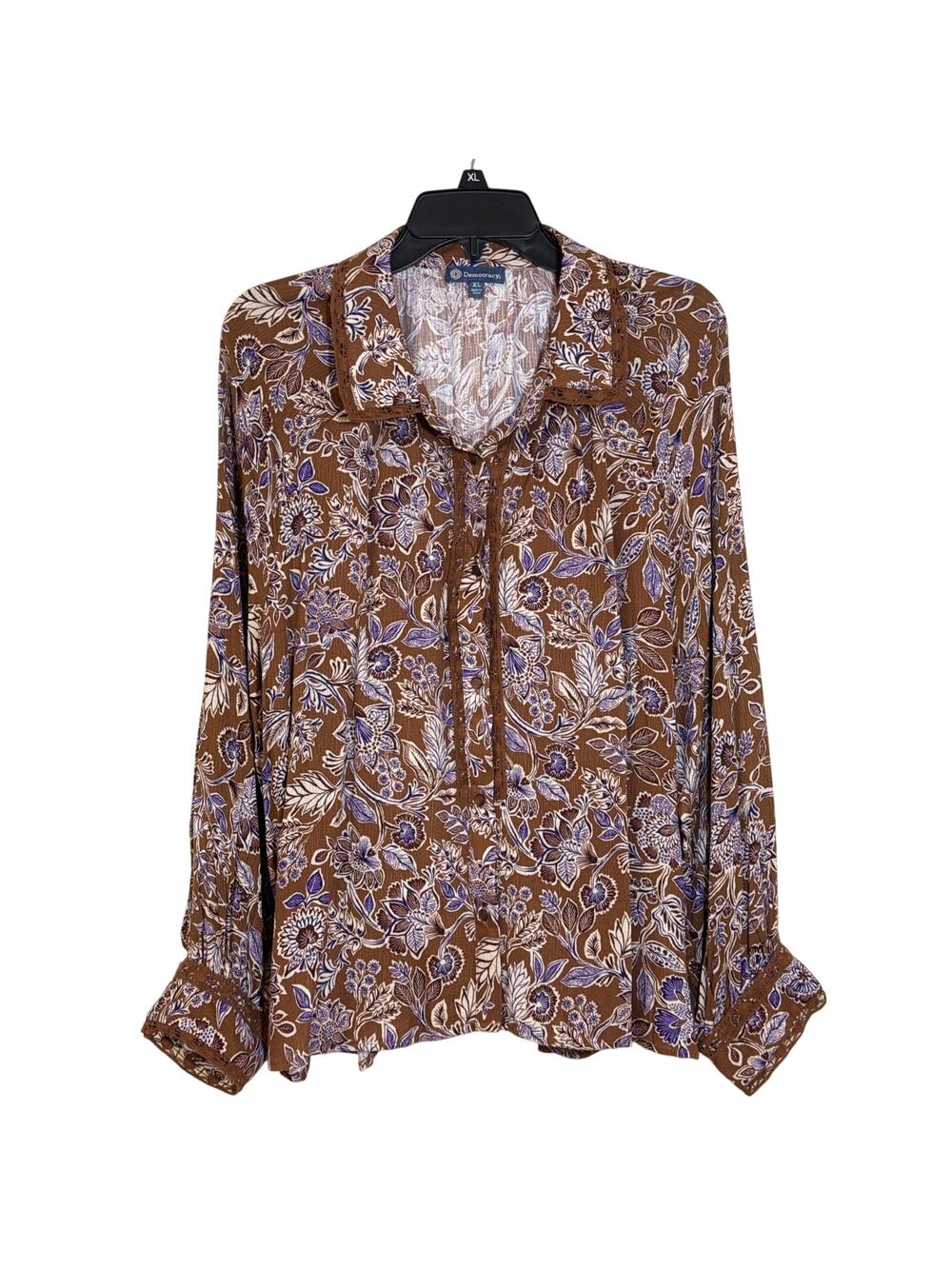 NWT Democracy XL Top Long Sleeve Button Up Brown Cream Purple Floral Lace Accent